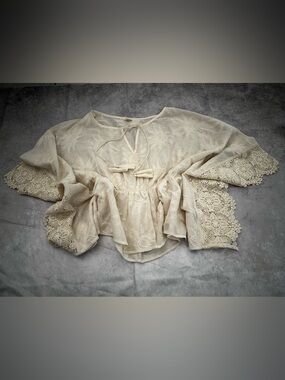 Tiny Boho Crochet-Trim Ivory Tie-Front Tunic Top